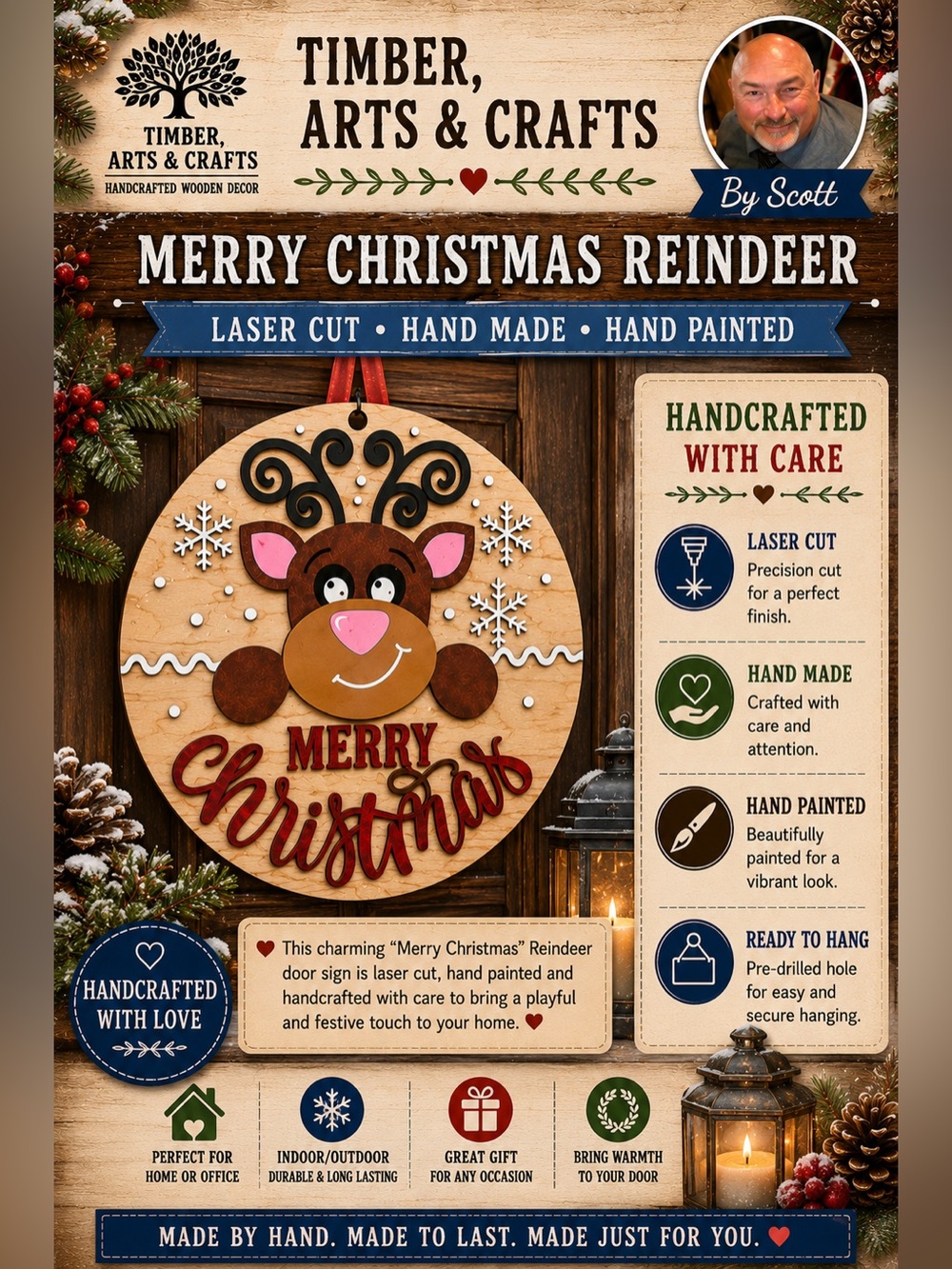 Hand Crafted Wooden " Merry Christmas" Reindeer and Snowflakes Door Hang…